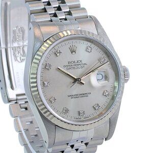 ROLEX DATEJUST SILVER SQUARE DIAMOND DIAL STEEL FLUTED JUBILEE WATCH 36 MM 16234
